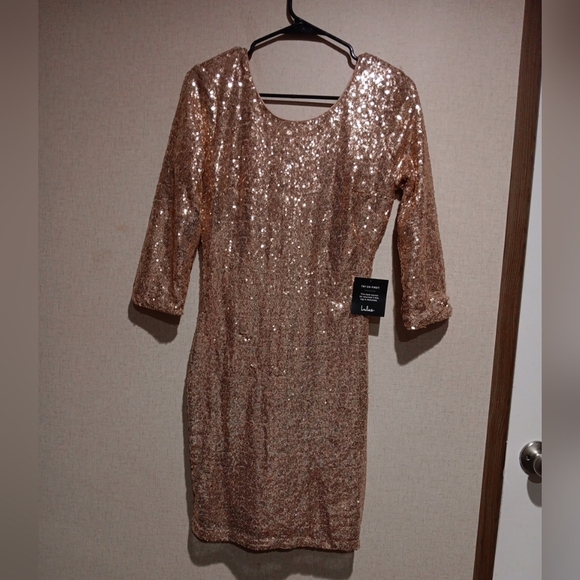 Lulus Delightful Ways Rose Gold Sequin Dress, Mini Bodycon XL Sleeve, Small - Picture 3 of 8
